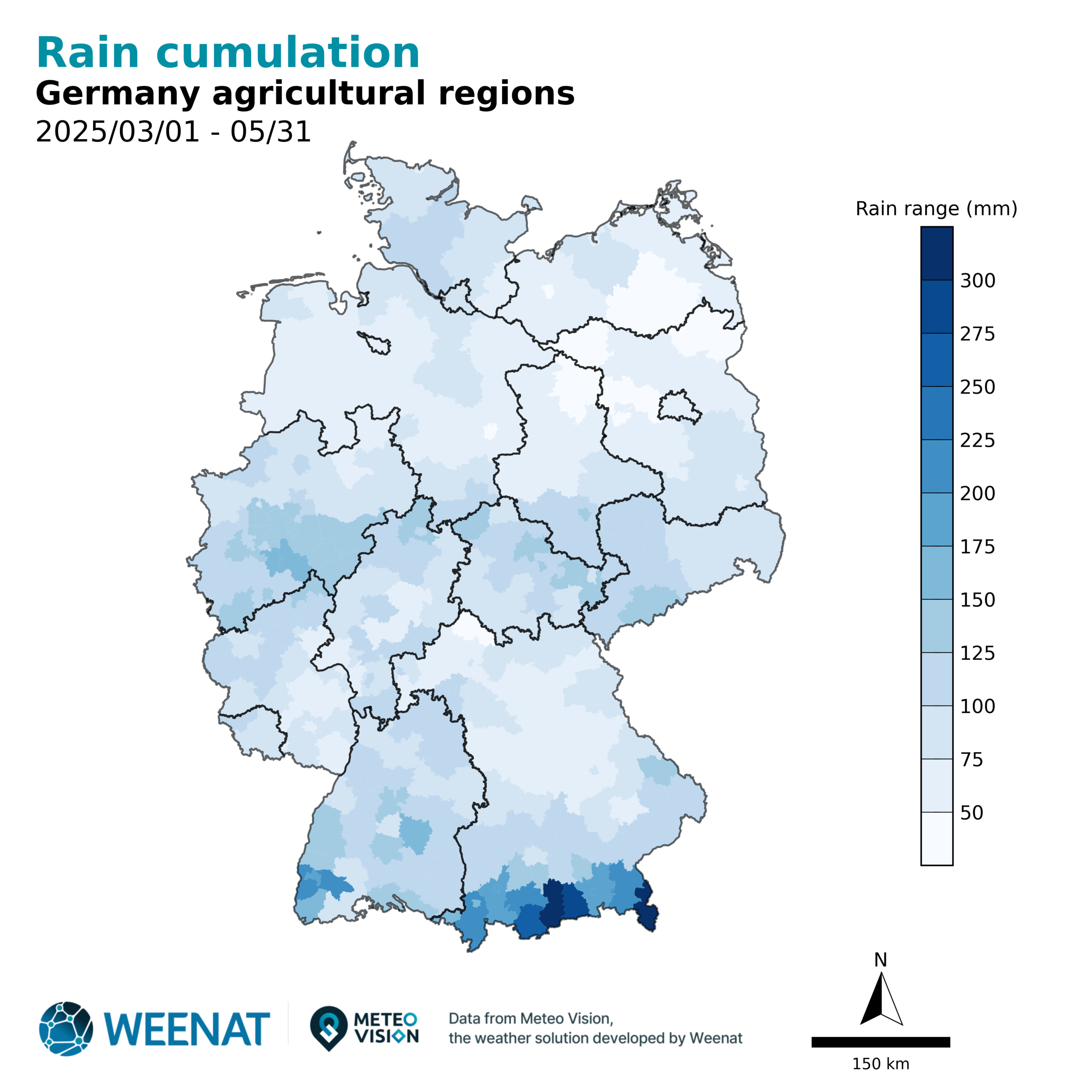 Cumul de precipitations en Allemagne printemps 2025