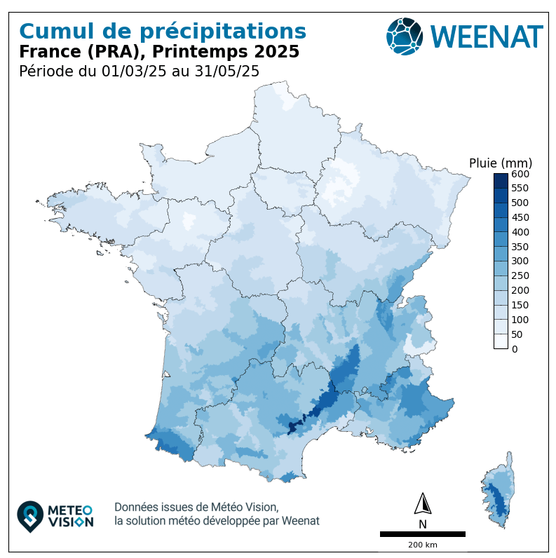 Cumul de precipitations en France printemps 2025
