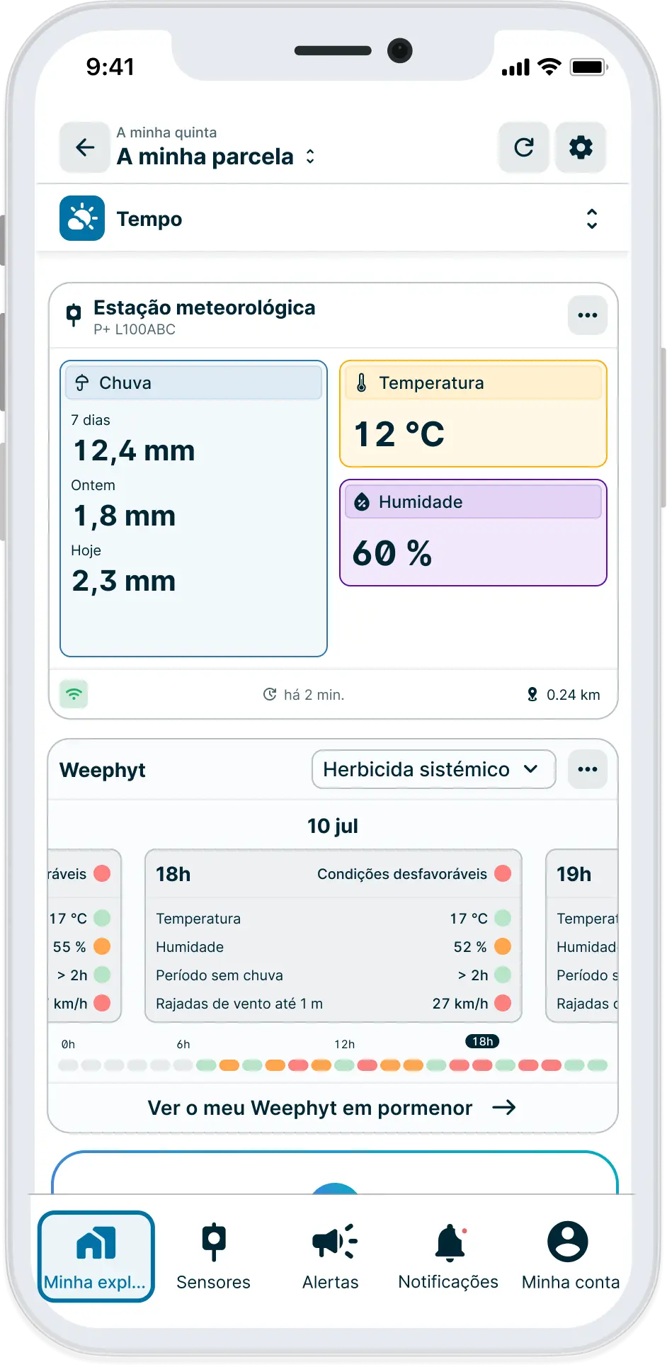 Dados da estação meteorológica Weenat em tempo real na aplicação