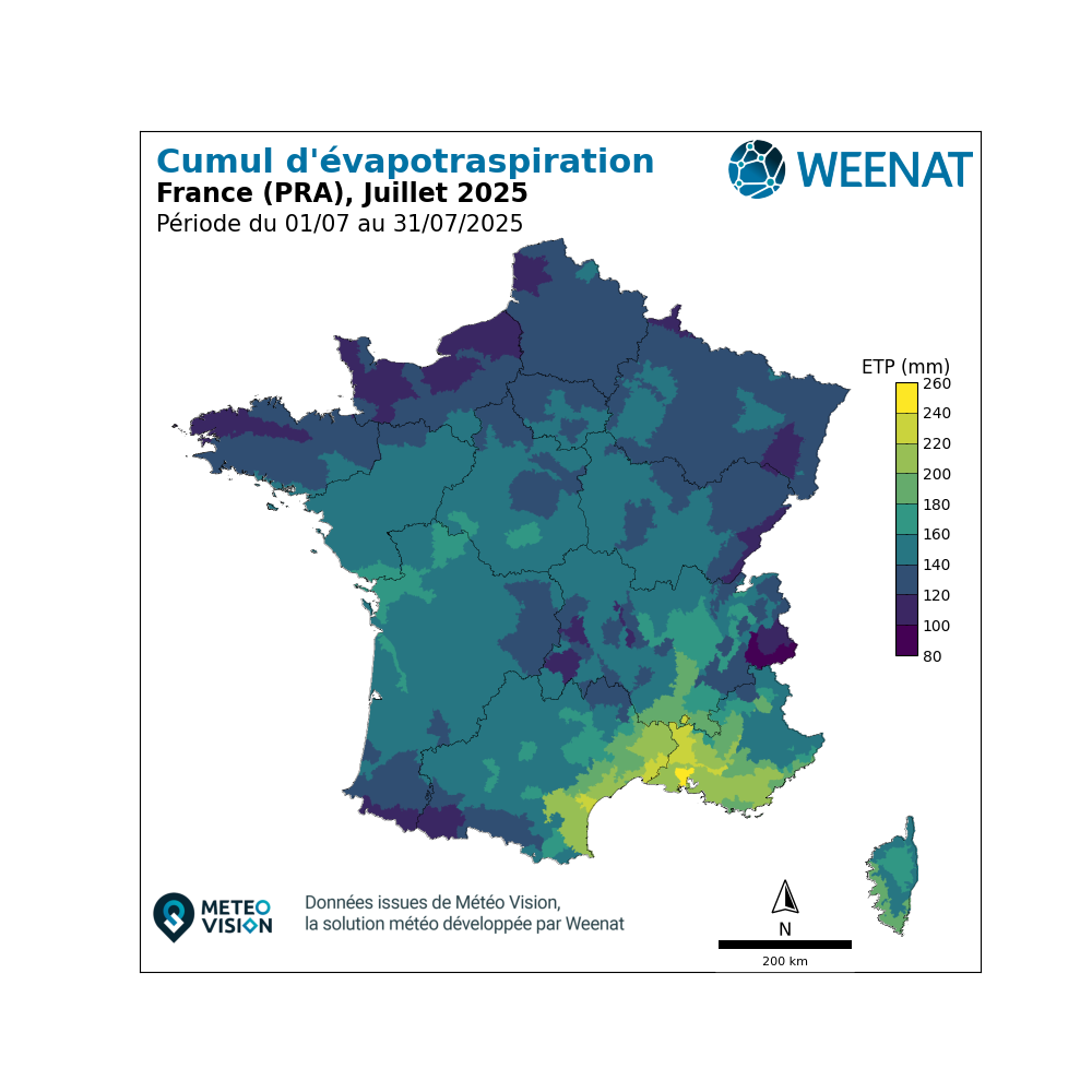 Cumul d'évapotranspiration en juillet 2025 en France