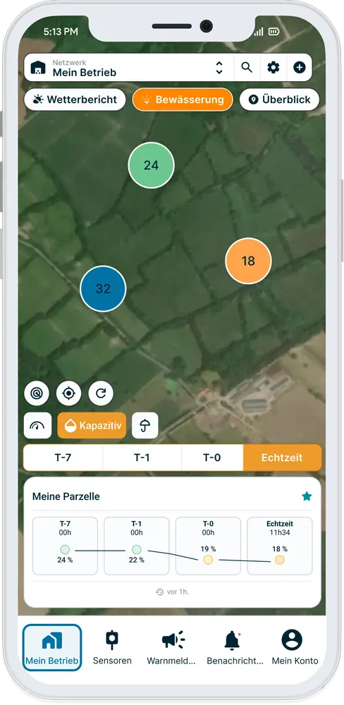 Kapazitive Sondendaten in Echtzeit in der Weenat-App