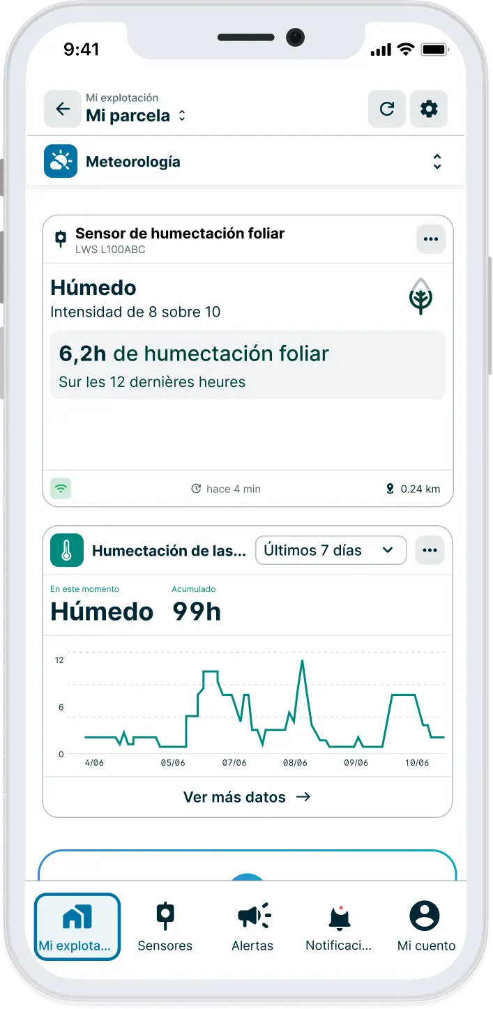 Datos del sensor de humectación foliar en la aplicación Weenat