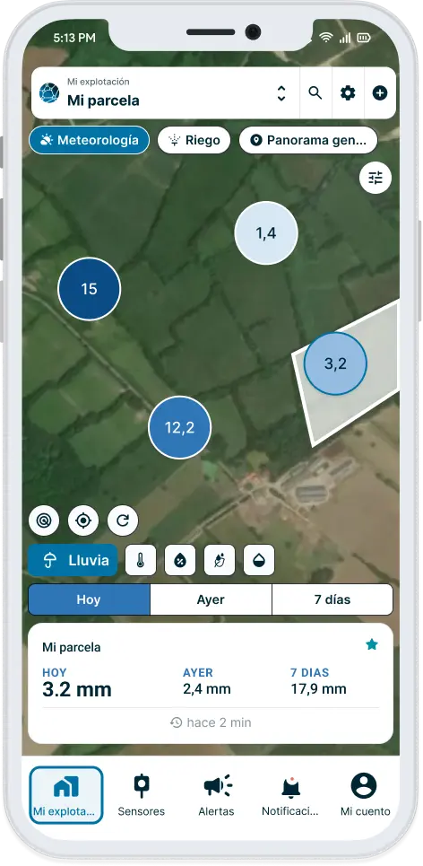 Datos meteorológicos en tiempo real en la aplicación Weenat