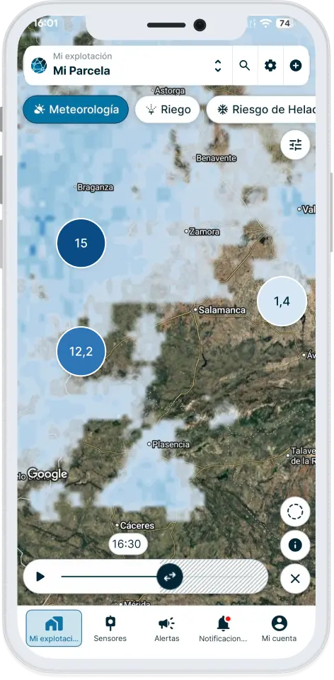Datos del radar meteorológico en tiempo real en la aplicación Weenat