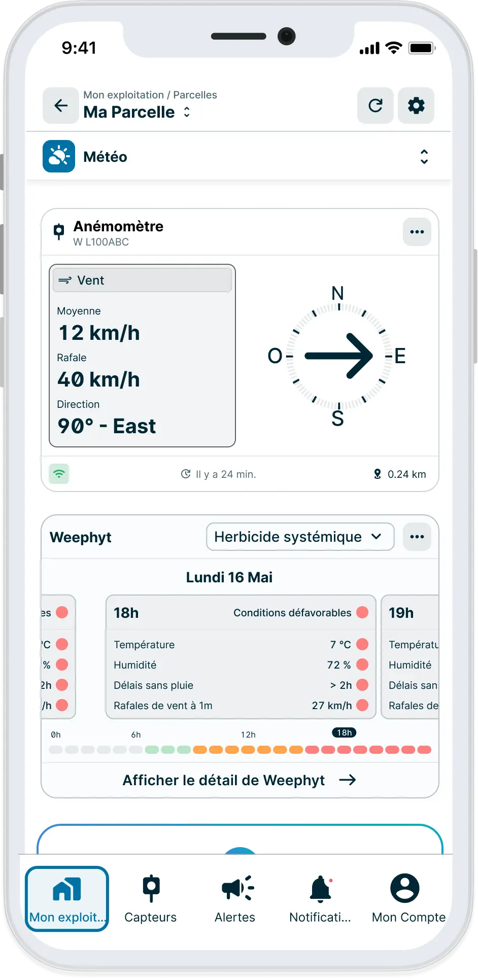 Données de l'anémomètre Weenat sur l'application